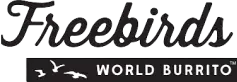 Freebirds World Burrito logo features the word "Freebirds" in cursive above "World Burrito" in all caps, with bird silhouettes to the left.