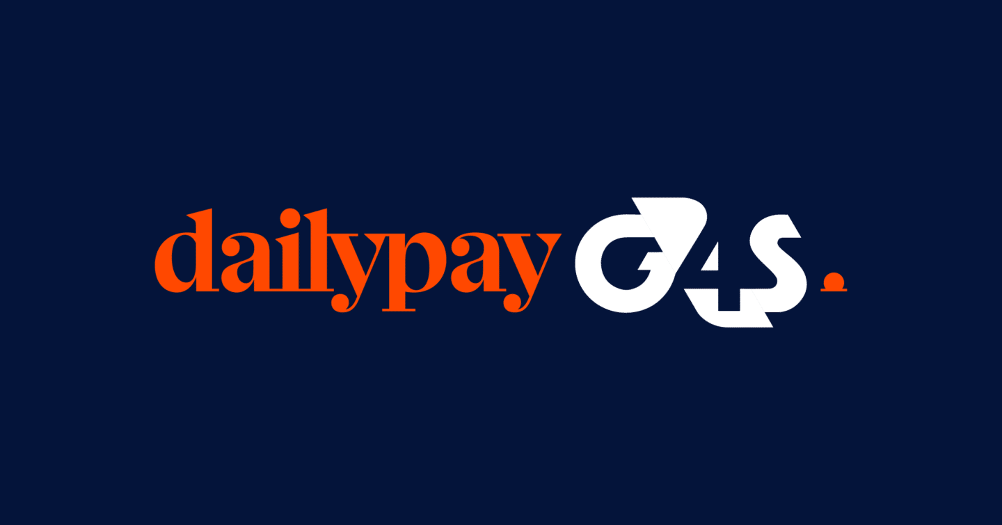 The image features the dailypay and G4S logos on a dark blue background. "dailypay" is written in orange lowercase letters, and the "G4S" logo is in white with a stylized design. The logos are centrally aligned and side by side, creating a visual contrast with the dark blue backdrop.
