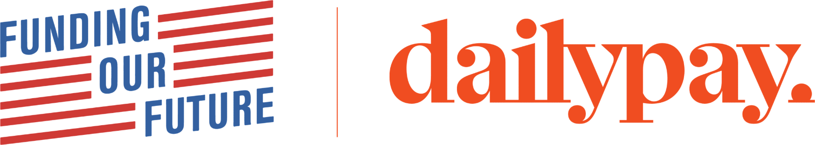 The image shows the logo for "Funding Our Future" in blue and red text, with horizontal red lines to the right. To the right of this logo is a vertical line separating it from the "dailypay" logo, which is written in bold, orange lowercase letters. The background is transparent.