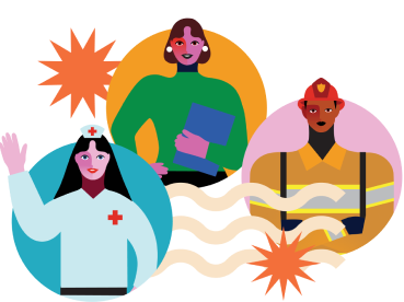 Illustration of three professionals: a nurse, a teacher holding a book, and a firefighter, each in colored circles with stylized suns and wavy lines in the background.