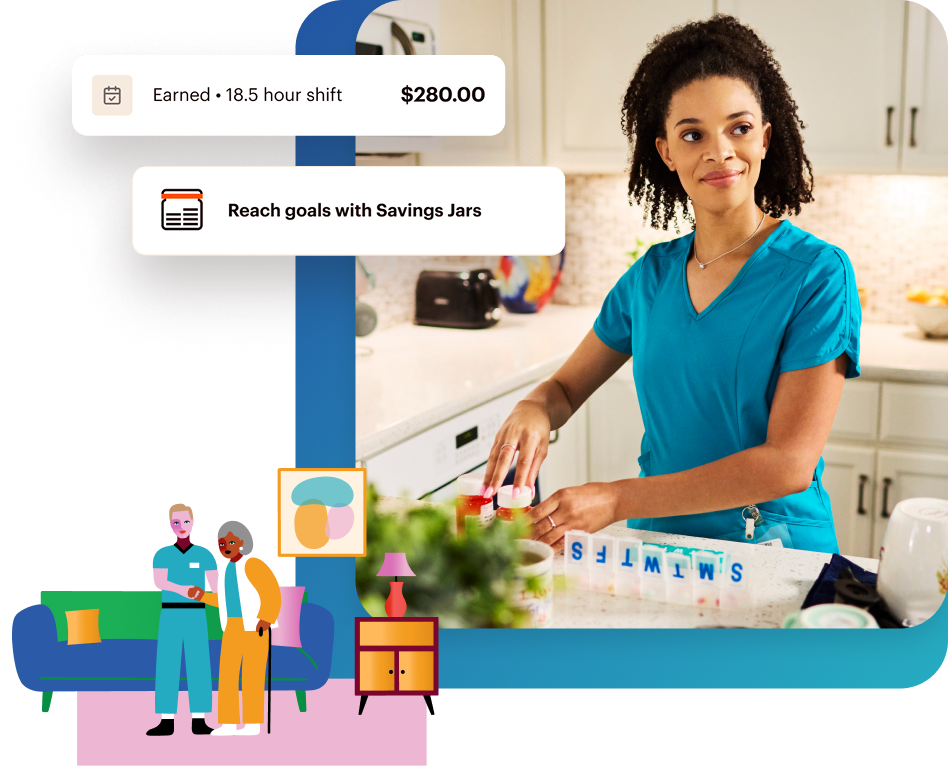 A healthcare worker in blue scrubs organizing medication in a kitchen, with overlaid UI elements showing earnings and savings goals, and an illustration of a caregiver assisting an older adult.