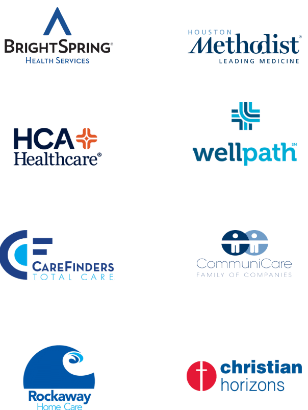 Image showing a collection of eight healthcare-related logos, often seen in places like grocers or supermarkets. The logos include BrightSpring Health Services, Houston Methodist Leading Medicine, HCA Healthcare, wellpath, CareFinders Total Care, CommuniCare Family of Companies, Rockaway Home Care, and christian horizons.