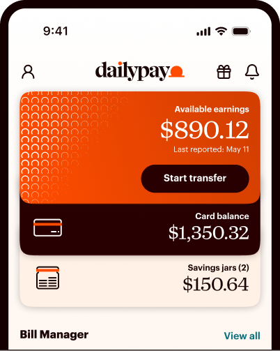 Dailypay mobile app dashboard showing an available earnings balance of $890.12, a card balance of $1,350.32, and $150.64 in savings.