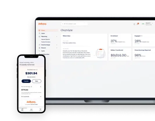 A smartphone and laptop screen display a financial management application with account balances, earnings, and transaction options.