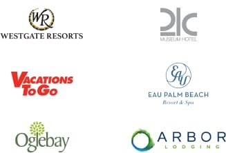 The image shows six logos arranged in two columns, highlighting key players within the hospitality industry. The left column features "Westgate Resorts," "Vacations To Go," and "Oglebay." The right column displays "21c Museum Hotel,” “Eau Palm Beach Resort & Spa," and "Arbor Lodging." Each logo showcases distinctive stylized text and icons.