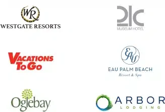 The image shows six logos arranged in two columns, highlighting key players within the hospitality industry. The left column features "Westgate Resorts," "Vacations To Go," and "Oglebay." The right column displays "21c Museum Hotel,” “Eau Palm Beach Resort & Spa," and "Arbor Lodging." Each logo showcases distinctive stylized text and icons.