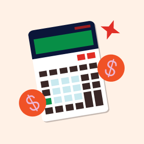 Illustration of a calculator with two orange dollar signs and a red star, symbolizing financial calculations or budgeting.