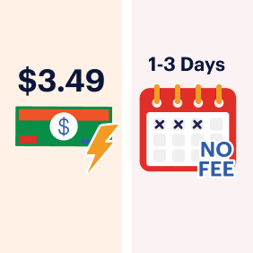 Graphic comparing payment options: $3.49 fee for instant transfer with a cash icon, and a 1-3 days no-fee option with a calendar icon.
