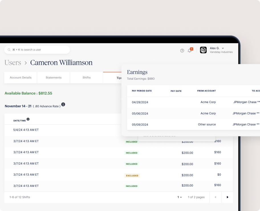 A dashboard showing user details for Cameron Williamson, including account balance and a list of shift earnings with pay dates and account information.