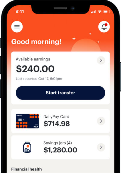 A mobile banking app screen shows available earnings of $240, a DailyPay Card balance of $714.98, and savings jars totaling $1,280.00. The "Start transfer" button is visible.