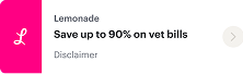 A Lemonade ad states "Save up to 90% on vet bills" with a disclaimer note and a right arrow icon.