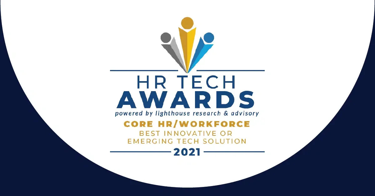 An award graphic featuring three abstract figures forming a vertical line above the words "HR Tech Awards." Below, it reads: "Powered by Lighthouse Research & Advisory. CORE HR/WORKFORCE Best Innovative or Emerging Tech Solution 2021." The design features blue, yellow, and gray colors.
