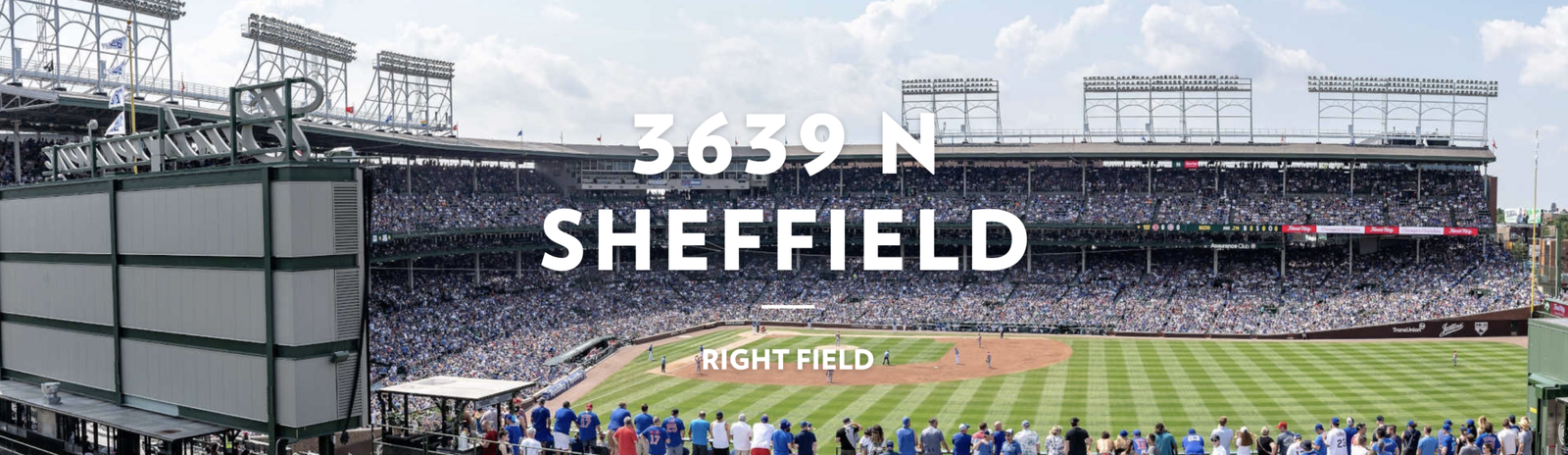 Panoramic view of a crowded baseball stadium with "3639 N Sheffield" and "Right Field" overlaid on the image.