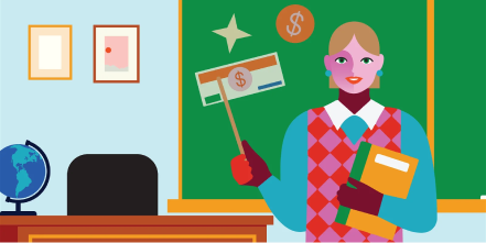 Illustration of a teacher standing in front of a blackboard, holding a book and a pointer. The blackboard has images of a star, dollar signs, and a money bill. A globe sits on the nearby desk.