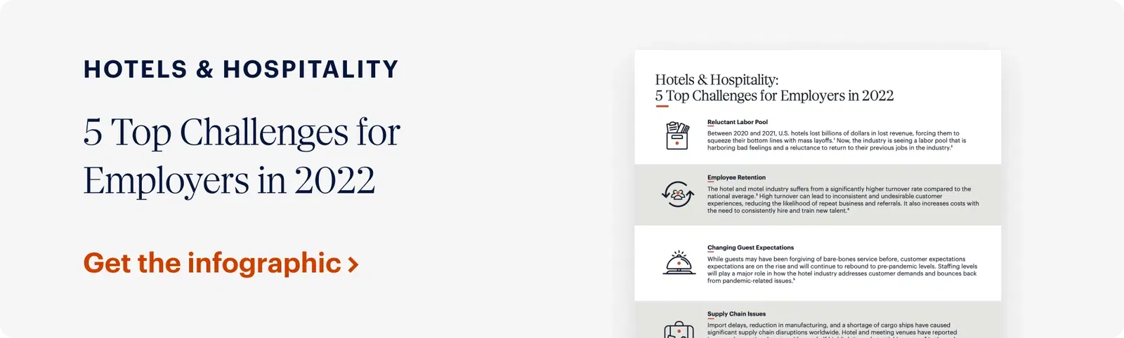 Infographic titled "Hotels & Hospitality: 5 Top Challenges for Employers in 2022" with a button labeled "Get the infographic" on the left side.