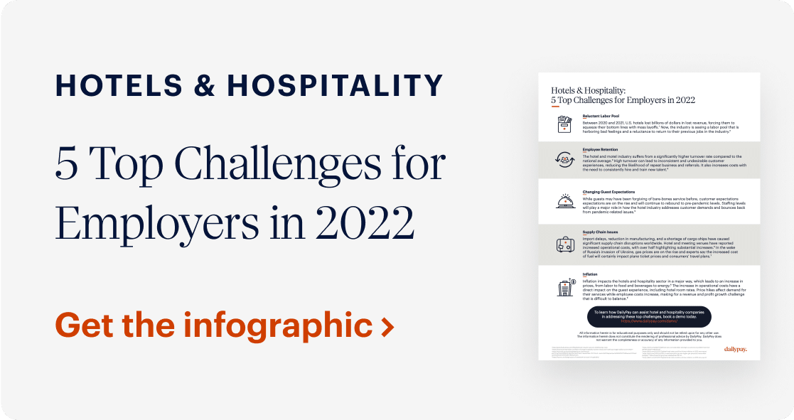 Image showing a promotional graphic for an infographic titled "Hotels & Hospitality: 5 Top Challenges for Employers in 2022." The text is set against a light background with the infographic preview on the right. A call to action at the bottom left reads, "Get the infographic" in bold orange text.