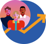 Illustration of three people in front of an upward-pointing yellow arrow, symbolizing growth or improvement, on a blue and pink background.