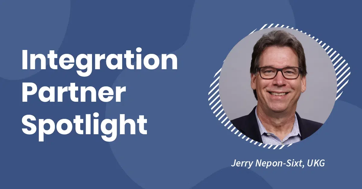 A blue graphic with abstract shapes, featuring the text "Integration Partner Spotlight" on the left. On the right is a circular photo of a man wearing glasses and a suit, smiling. Below the photo, the text reads "Jerry Nepon-Sixt, UKG.