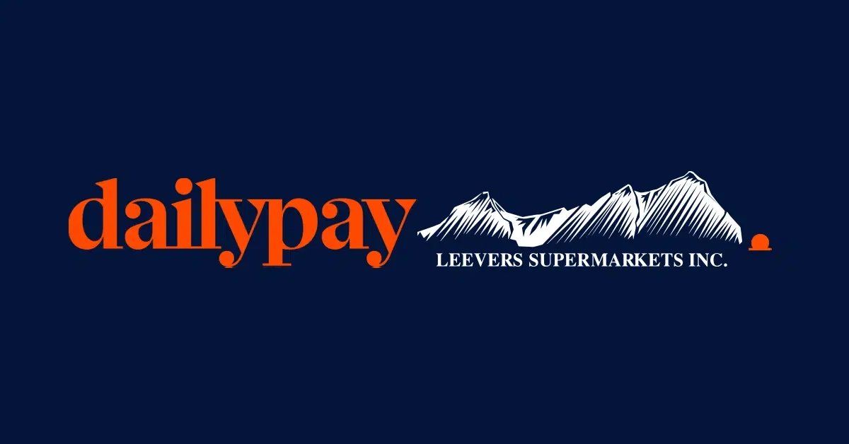 The image features the logo of Dailypay on a dark blue background. The word "dailypay" is written in bold, orange lowercase letters. Next to it, there is a white, stylized illustration of mountains and the text "Leever's Supermarkets Inc." written in white uppercase letters.