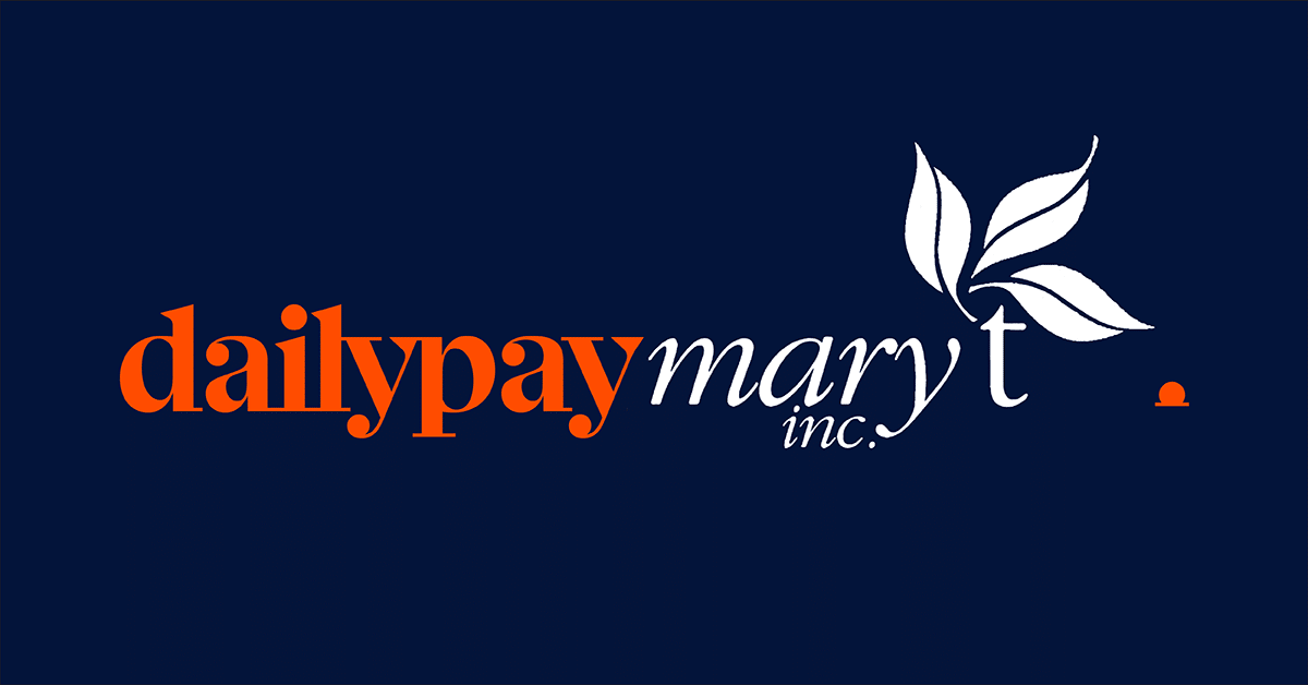The image shows the logo of "dailypaymaryt inc". The text "dailypay" is in bold orange lowercase letters, while "maryt inc." is in elegant white script. A stylized white leaf design extends from the letter "t" in "maryt" on a dark blue background.