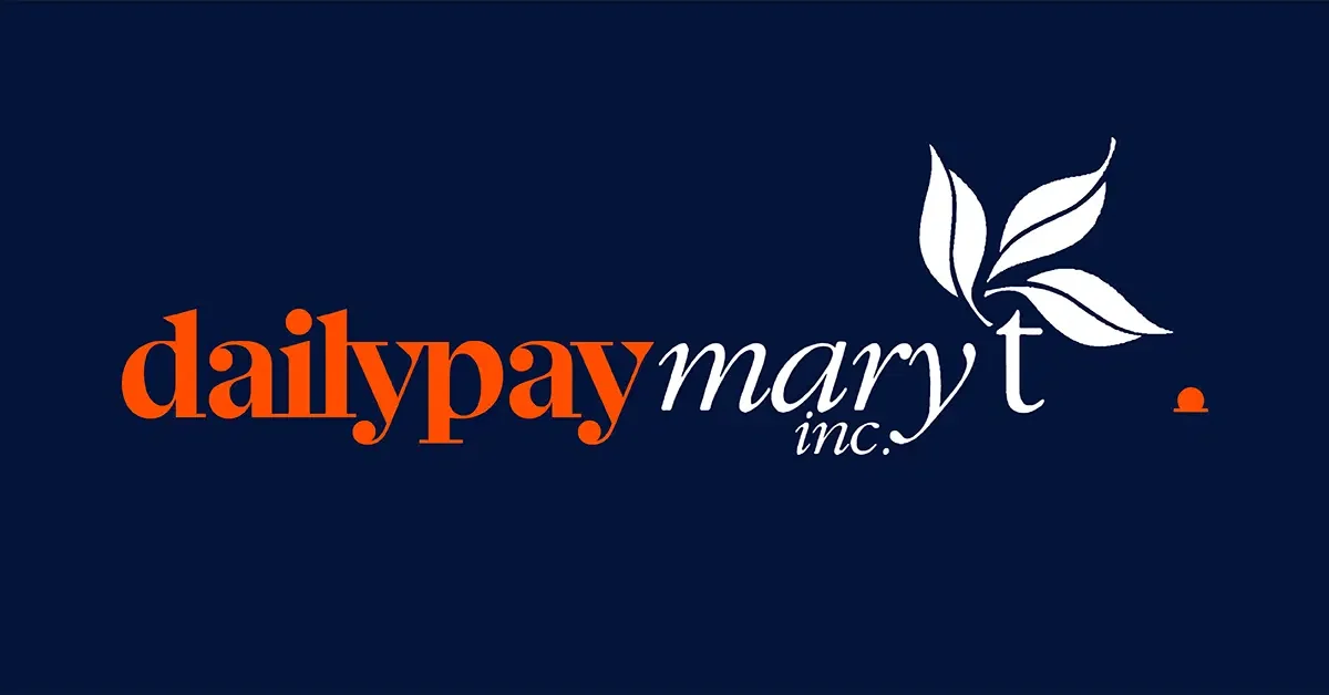 Logo of "dailypay mary t inc." with orange and white text on a dark blue background; the "t" has a leaf design extending from it.