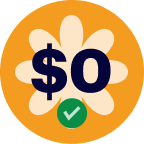 A large "$0" symbol appears over a white flower shape on an orange circle background, with a green checkmark icon below.