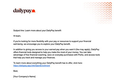Screenshot of an email from DailyPay explaining the benefits of the service, financial tools offered, and including a link to learn more about DailyPay features.