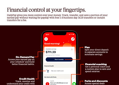 A smartphone screen displays a financial app showing a balance, with labeled features for on-demand pay, credit health, split pay, coaching, and perks. Text above describes DailyPay’s benefits.