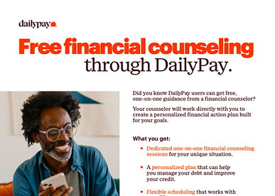 A man sits on a couch holding a phone and smiling. Text on the image advertises free financial counseling through DailyPay.