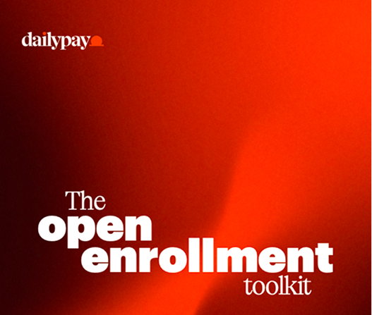Red graphic with "dailypay" in the top left and bold white text reading "The open enrollment toolkit" centered on the image.