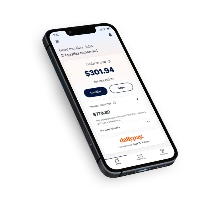 A smartphone displaying a financial app screen offering payday information, showing available balance, pre-tax earnings, and transfer options. The screen also includes a DailyPay logo at the bottom.