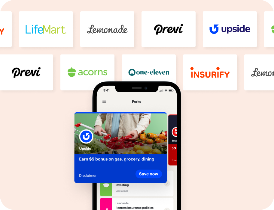 A smartphone displays a rewards app with a $5 bonus offer from Upside; various company logos are shown in the background.