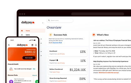 Dailypay dashboard on a desktop monitor and a smartphone showing account balance and engagement metrics.