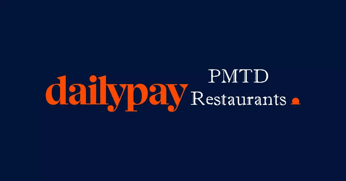 Logo with the text "dailypay PMTD Restaurants" in orange and white on a dark blue background.