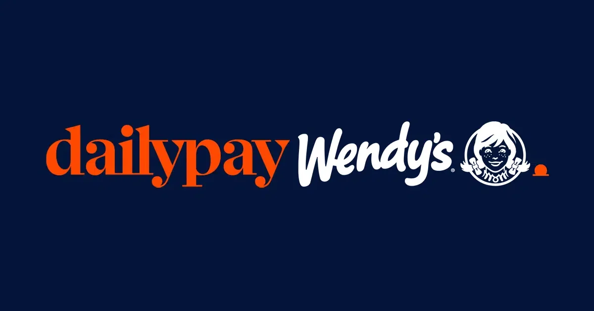 Image showing the logos of DailyPay and Wendy's on a dark blue background. "DailyPay" is written in orange lowercase letters, and "Wendy's" is written in white with a classic, playful script. To the right of Wendy's text is the iconic Wendy’s logo of a smiling girl with red braids in white.