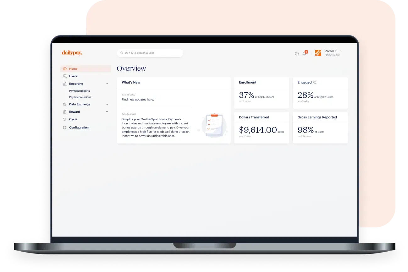 A laptop screen displaying the DailyPay dashboard with sections for Overview, Enrollment, Engaged, Dollars Transferred, and Gross Earnings Reported.