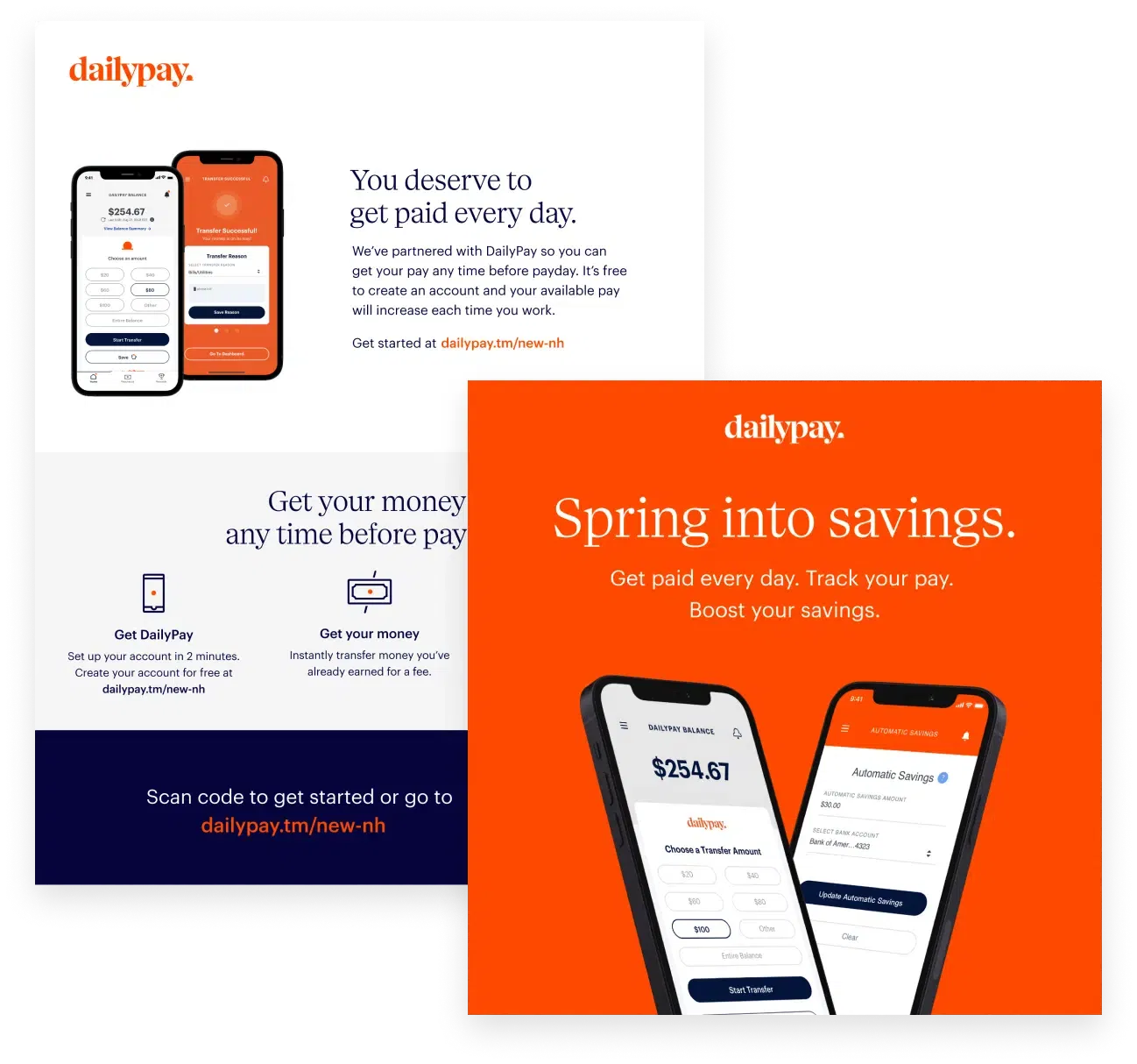 Promotional material for dailypay featuring mobile app screenshots, advertising daily pay access and savings, with instructions to get started via QR code or link.