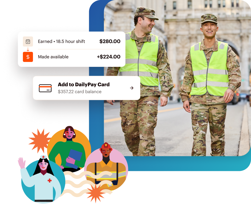 Two soldiers in uniform and high-visibility vests walking outdoors, overlaid with a digital interface showing shift earnings and a DailyPay card balance.
