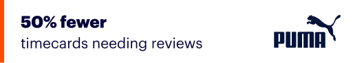 Text graphic stating "50% fewer timecards needing reviews" with the Puma logo in the bottom right corner.