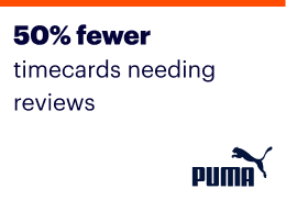 Text graphic stating "50% fewer timecards needing reviews" with the Puma logo in the bottom right corner.