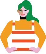 Illustration of a person with green hair, wearing a yellow shirt and a red-and-white striped apron.