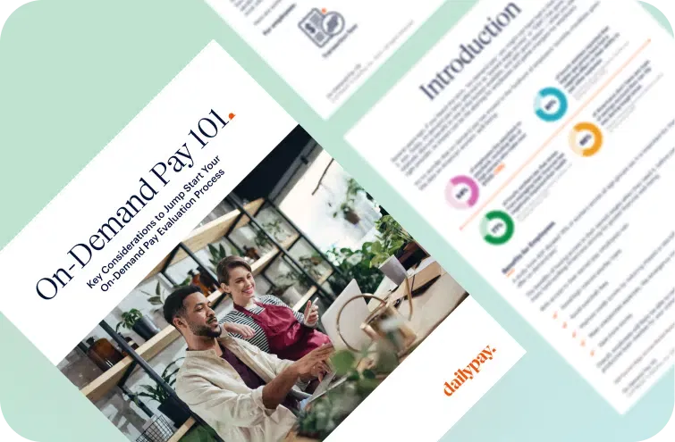 Three documents are shown, including a main one titled "On-Demand Pay 101" featuring a smiling man and woman, and two other pages with text and graphics in a professional layout.