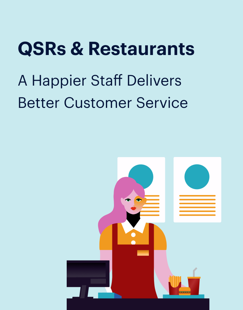 Illustration of a person wearing a red apron standing behind a counter with a computer. Text reads "QSRs & Restaurants: A Happier Staff Delivers Better Customer Service." There are two framed documents or posters on the wall behind them, and food items are on the counter.