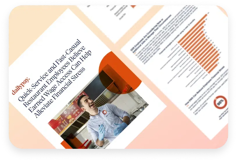 A document titled "Quick-Service and Fast-Casual Restaurant Employees Believe Earned Wage Access Can Help Alleviate Financial Stress" featuring a photo of a smiling worker and a chart on the side.
