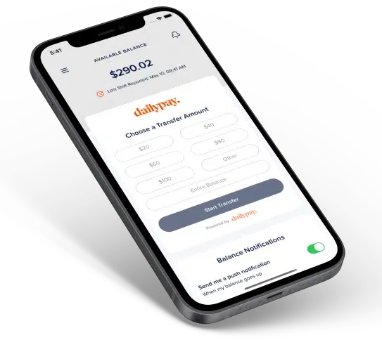 A smartphone displaying a financial application screen with a balance of $290.02. Users can choose different transfer amounts and start the transfer. DailyPay is mentioned on the interface.