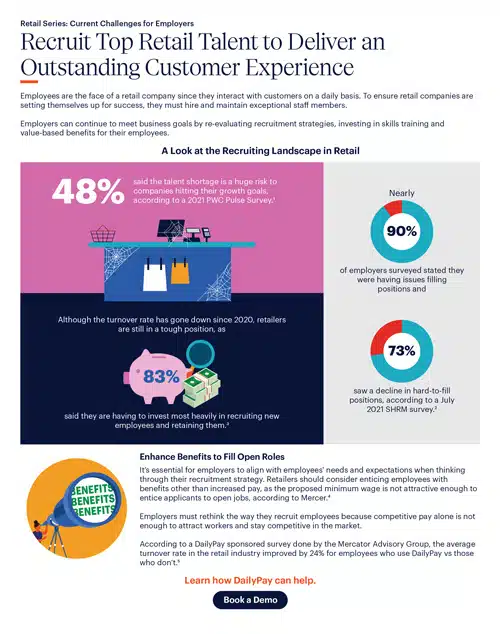 Infographic about recruiting retail talent, highlighting that 48% of retailers struggle to retain workers. It notes job seeker supply decline, benefits of instant pay, and emphasizes improving employee experience.