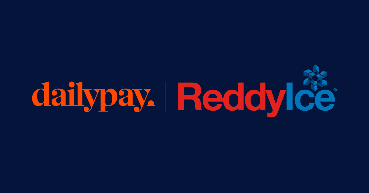 The image displays the logos of two companies against a dark blue background. On the left, in orange lowercase letters, is "dailypay." with a period at the end. A thin vertical white line separates it from the Reddy Ice logo, which is in red capital letters with a blue snowflake above the "i".