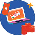 Illustration of a laptop with a dollar bill on the screen, a smartphone, stacks of coins, and a star on a blue circular background.