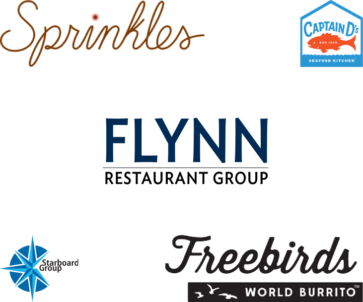 Image featuring six logos: "Sprinkles" in cursive red at the top left, "Captain D's" with a fish design at the top right, "Flynn Restaurant Group" in blue at the center, "Starboard Group" in blue with a compass at the bottom left, and "Freebirds World Burrito" at the bottom right—a diverse array of brands amidst rising restaurant turnover