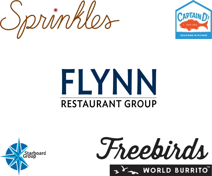 Logos for Sprinkles, Captain D's, Flynn Restaurant Group, Starboard Group, and Freebirds World Burrito are arranged with Flynn Restaurant Group's logo in the center, illustrating a collective commitment to reducing restaurant turnover rates.